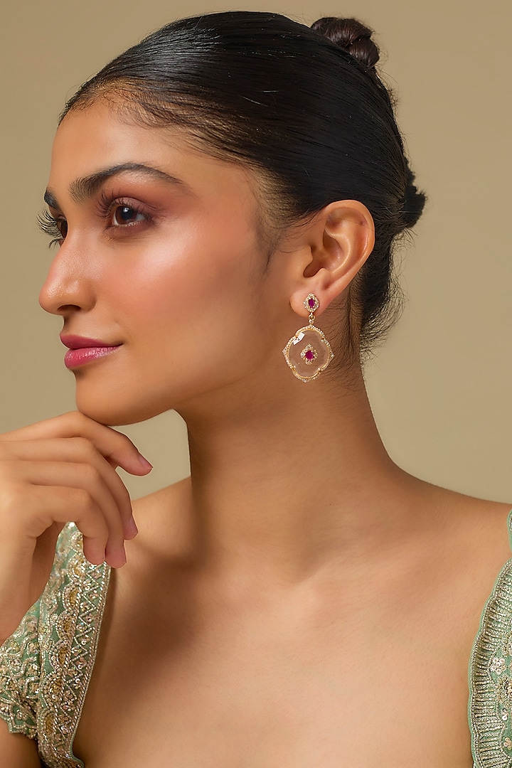 Gold Finish Kundan Polki & Ruby Stone Dangler Earrings In Sterling Silver by Kiara at Pernia's Pop Up Shop