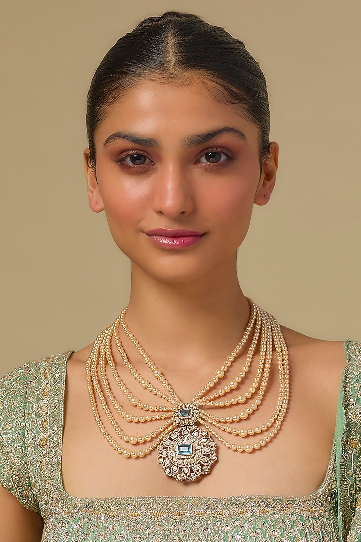 Gold Finish Pearl & Green Stone Layered Necklace In Sterling Silver by Kiara at Pernia's Pop Up Shop