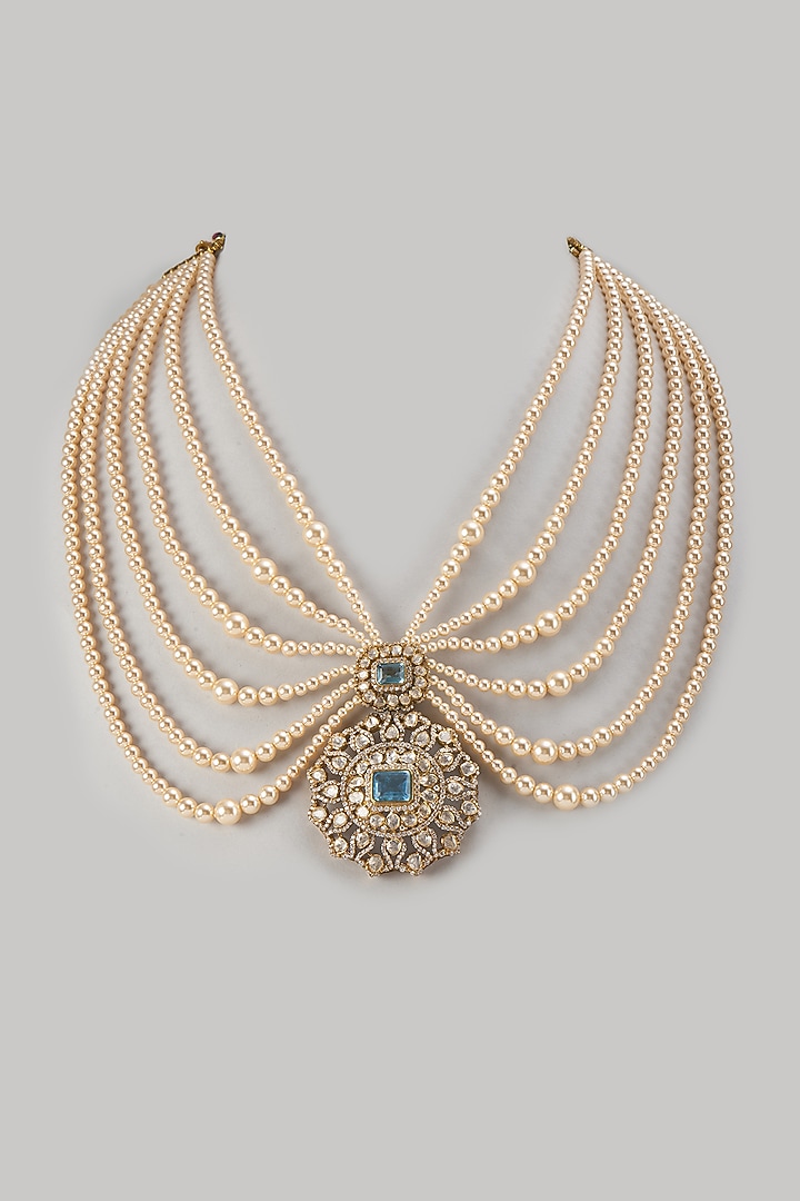 Gold Finish Pearl & Green Stone Layered Necklace In Sterling Silver by Kiara Luxe at Pernia's Pop Up Shop