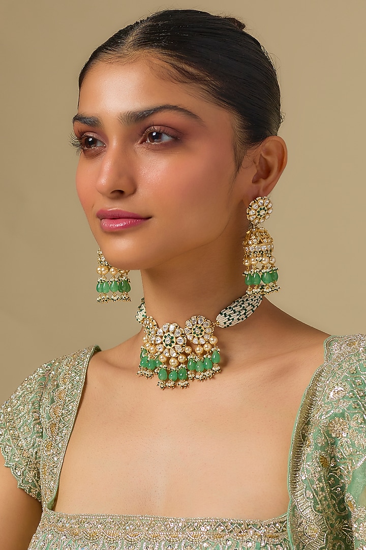 Gold Finish Kundan Polki & Mint Green Stone Choker Necklace Set In Sterling Silver by Kiara at Pernia's Pop Up Shop