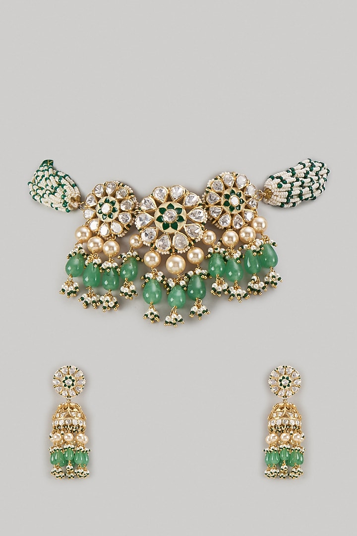 Gold Finish Kundan Polki & Mint Green Stone Choker Necklace Set In Sterling Silver by Kiara Luxe at Pernia's Pop Up Shop