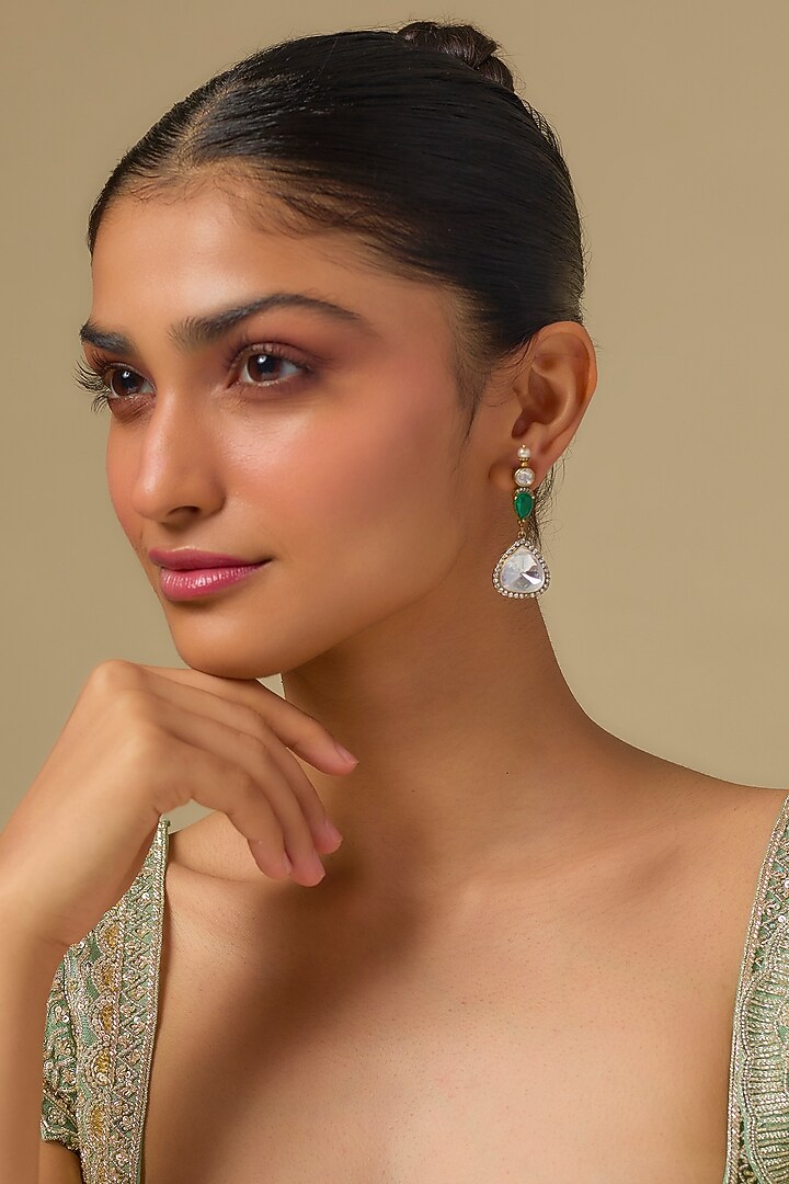 Gold Finish Kundan Polki & Emerald Stone Dangler Earrings In Sterling Silver by Kiara at Pernia's Pop Up Shop