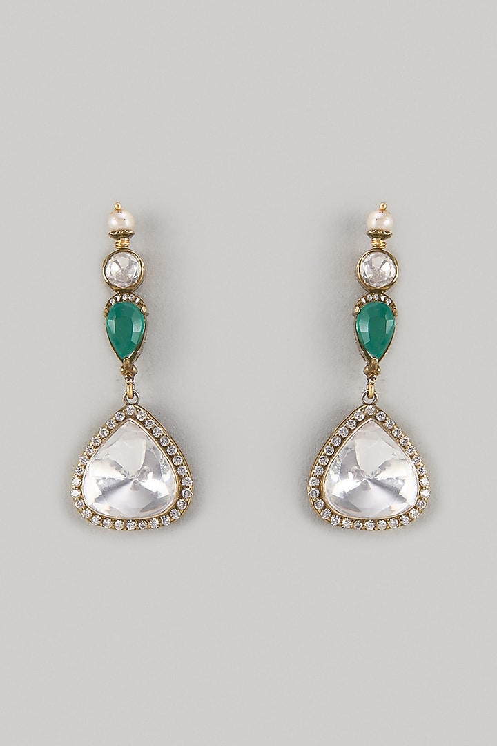 Gold Finish Kundan Polki & Emerald Stone Dangler Earrings In Sterling Silver by Kiara Luxe at Pernia's Pop Up Shop