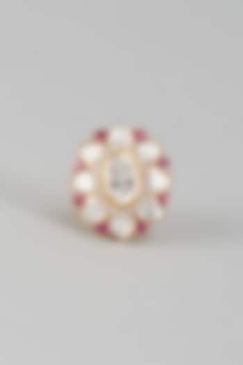Gold Finish Kundan Polki & Ruby Stone Floral Ring In Sterling Silver by Kiara at Pernia's Pop Up Shop