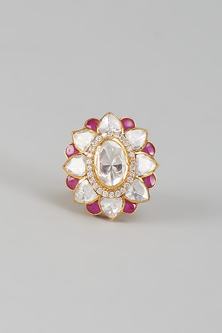 Gold Finish Kundan Polki & Ruby Stone Floral Ring In Sterling Silver by Kiara at Pernia's Pop Up Shop