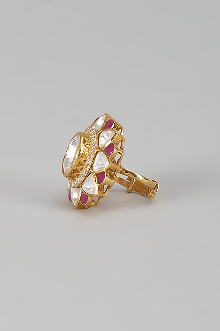 Gold Finish Kundan Polki & Ruby Stone Floral Ring In Sterling Silver by Kiara Luxe at Pernia's Pop Up Shop