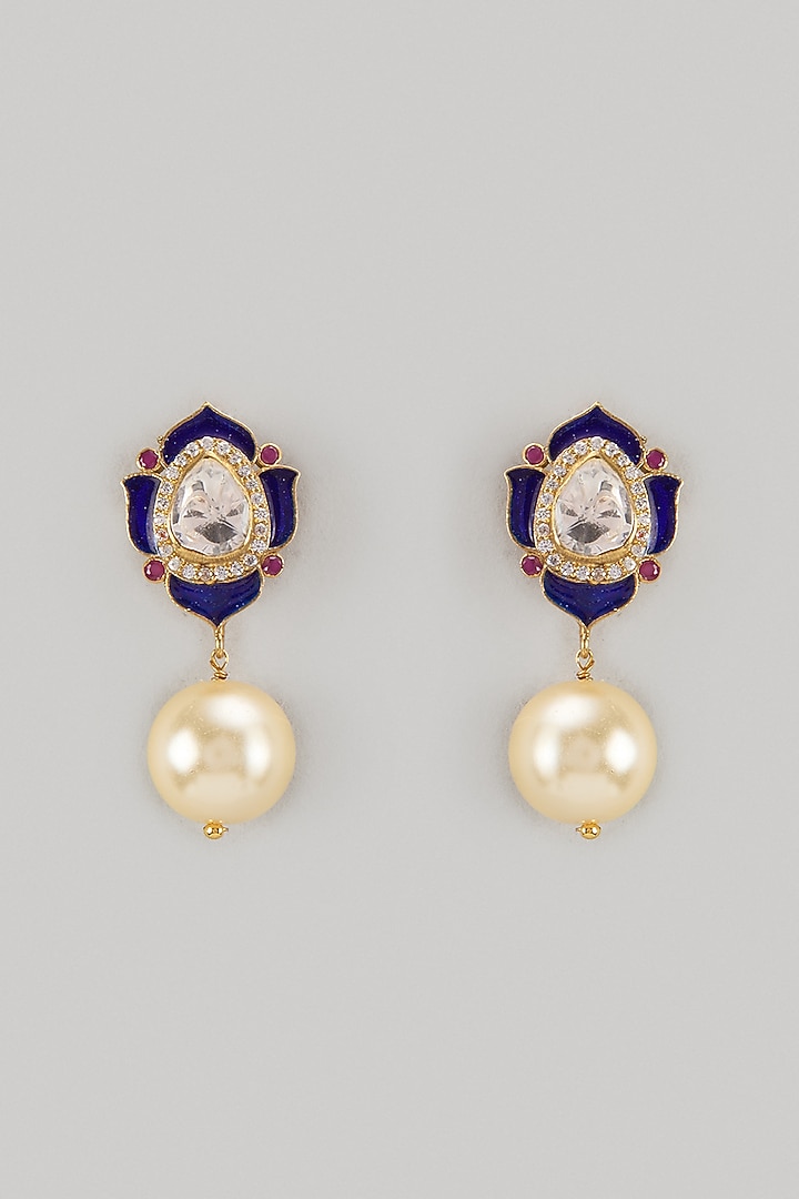 Gold Finish Kundan Polki Blue Enameled Dangler Earrings In Sterling Silver by Kiara Luxe at Pernia's Pop Up Shop