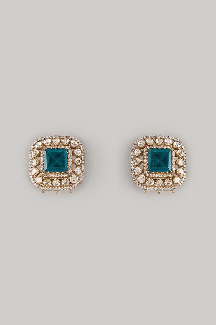 Gold Finish Kundan Polki & Green Stone Stud Earrings In Sterling Silver by Kiara Luxe at Pernia's Pop Up Shop