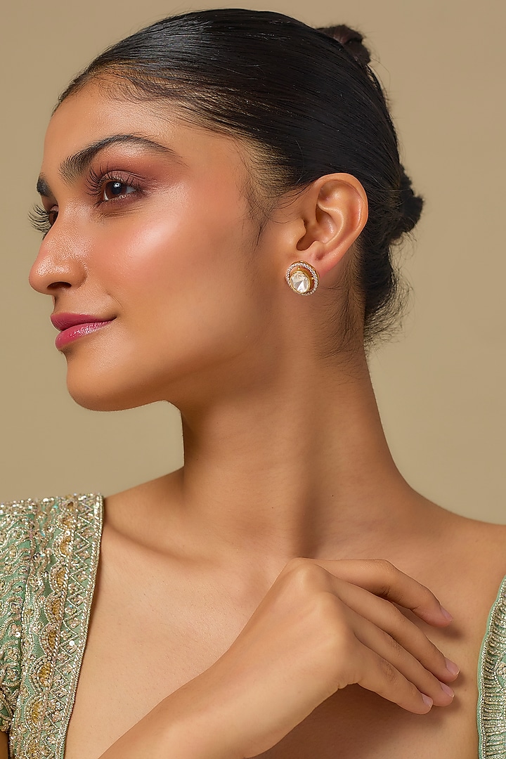 Gold Finish Kundan Polki Stud Earrings In Sterling Silver by Kiara at Pernia's Pop Up Shop