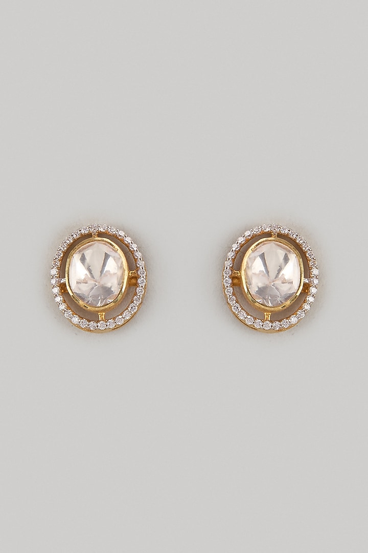 Gold Finish Kundan Polki Stud Earrings In Sterling Silver by Kiara Luxe at Pernia's Pop Up Shop
