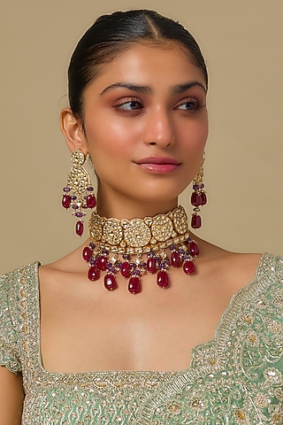 Gold Finish Kundan Polki & Ruby Stone Choker Necklace Set In Sterling Silver by Kiara Luxe