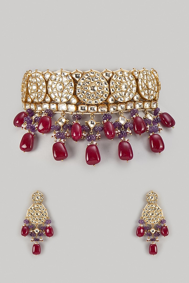 Gold Finish Kundan Polki & Ruby Stone Choker Necklace Set In Sterling Silver by Kiara Luxe at Pernia's Pop Up Shop