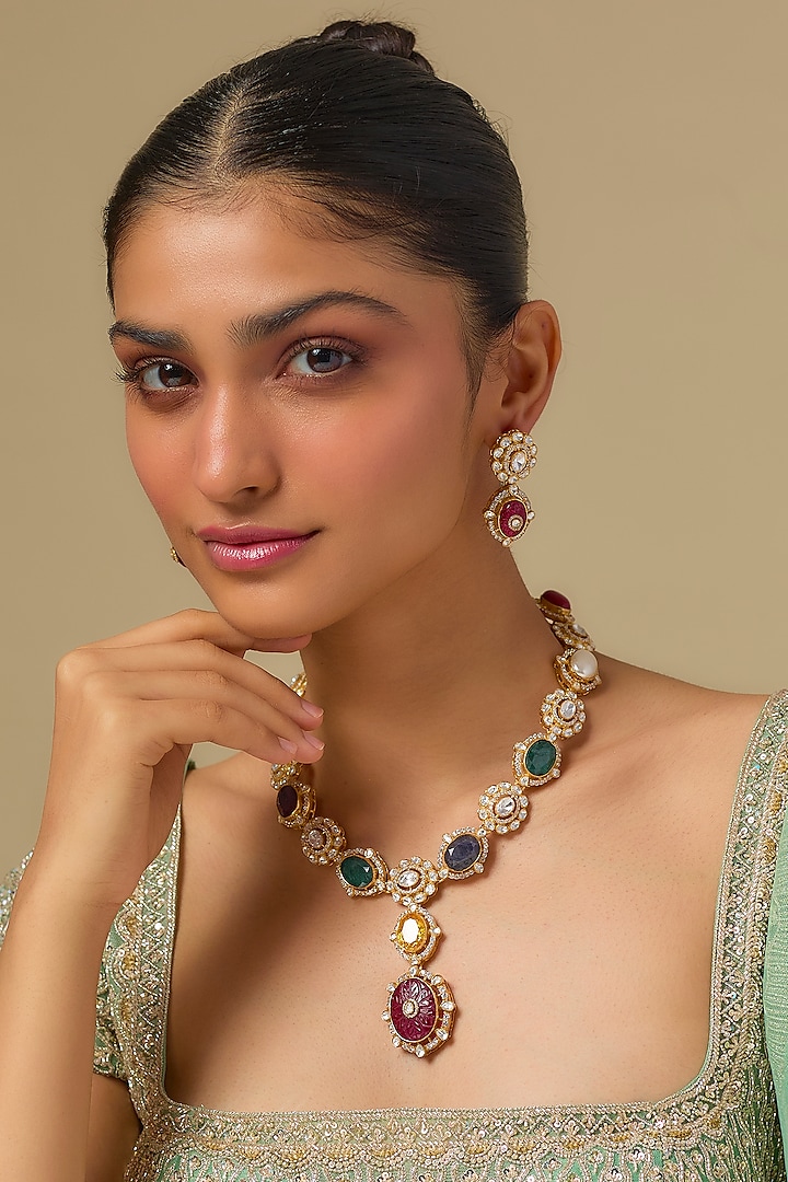 Gold Finish Kundan Polki & Multi-Colored Stone Choker Necklace Set In Sterling Silver by Kiara at Pernia's Pop Up Shop