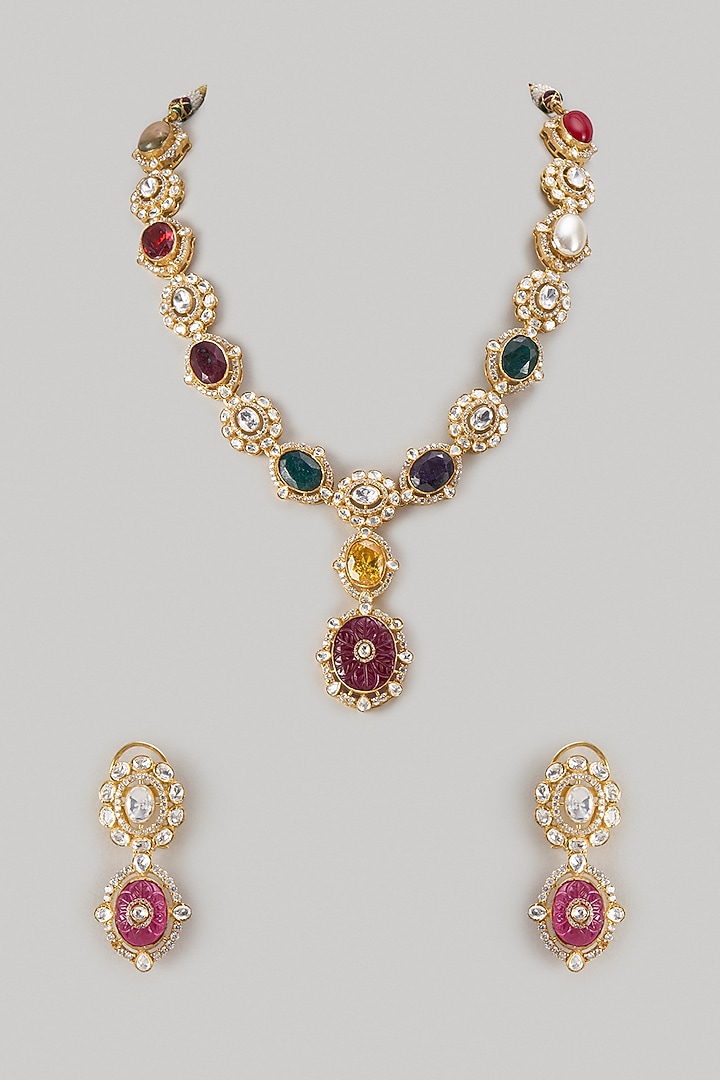 Gold Finish Kundan Polki & Multi-Colored Stone Choker Necklace Set In Sterling Silver by Kiara Luxe at Pernia's Pop Up Shop