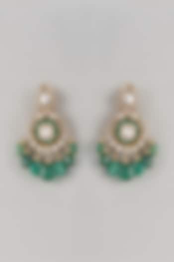 Gold Finish Kundan Polki & Emerald Drop Chandbali Earrings In Sterling Silver by Kiara at Pernia's Pop Up Shop