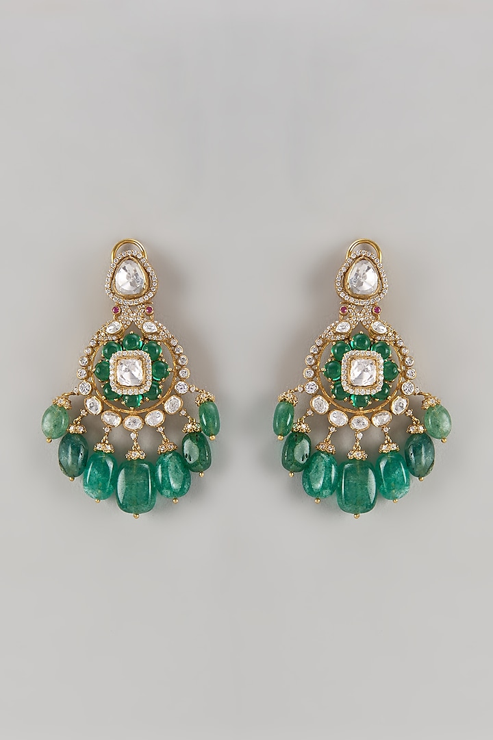 Gold Finish Kundan Polki & Emerald Drop Chandbali Earrings In Sterling Silver by Kiara at Pernia's Pop Up Shop