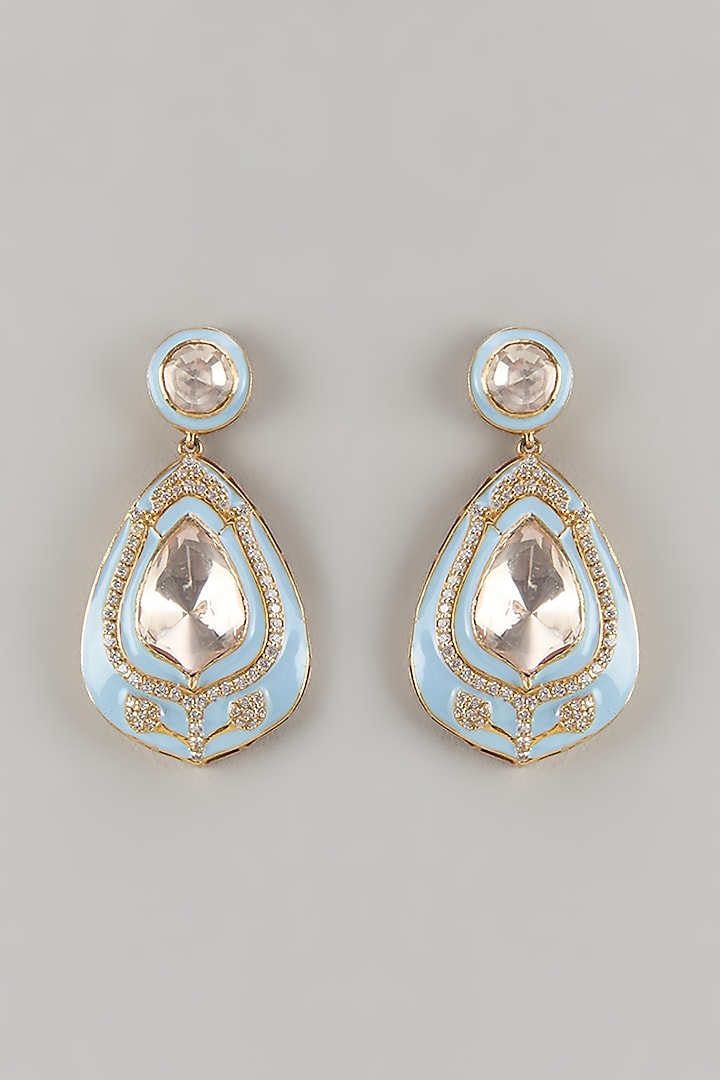 Gold Finish Kundan Polki Blue Enameled Dangler Earrings In Sterling Silver by Kiara at Pernia's Pop Up Shop