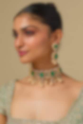 Gold Finish Kundan Polki & Emerald Stone Choker Necklace Set In Sterling Silver by Kiara at Pernia's Pop Up Shop