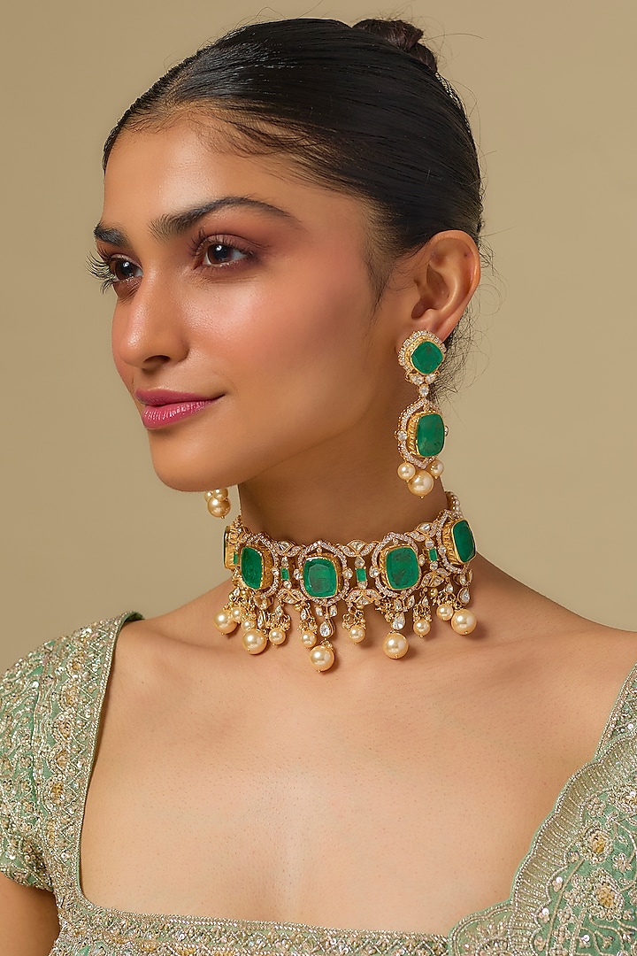 Gold Finish Kundan Polki & Emerald Stone Choker Necklace Set In Sterling Silver by Kiara at Pernia's Pop Up Shop
