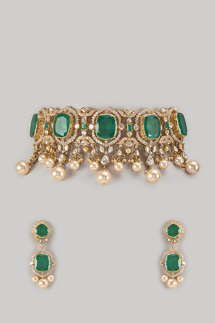 Gold Finish Kundan Polki & Emerald Stone Choker Necklace Set In Sterling Silver by Kiara Luxe at Pernia's Pop Up Shop