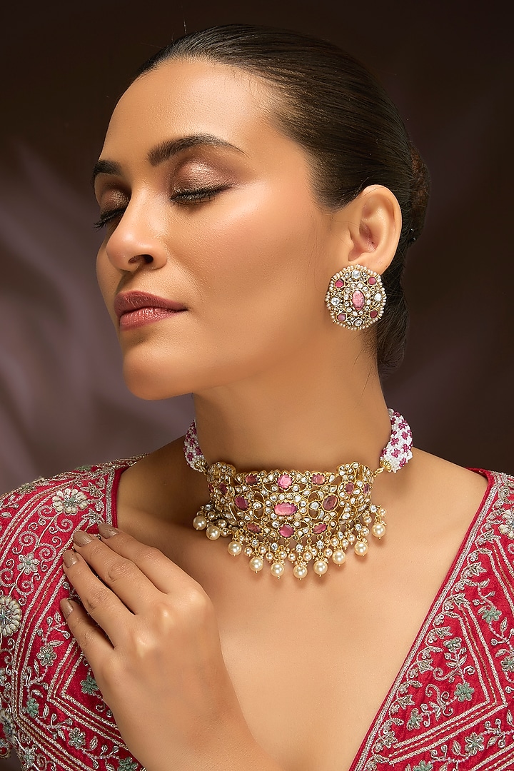 Gold Finish Moissanite Polki & Pink Tourmaline Stone Choker Necklace Set In Sterling Silver by Kiara Luxe at Pernia's Pop Up Shop