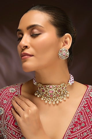 Gold Finish Moissanite Polki & Pink Tourmaline Stone Choker Necklace Set In Sterling Silver by Kiara Luxe