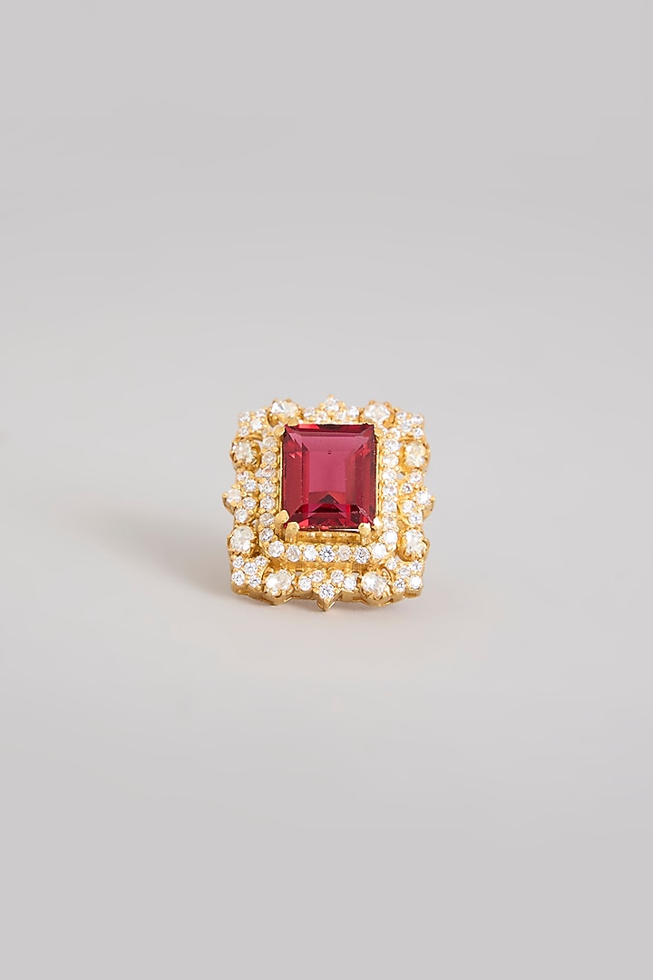 Gold Finish Moissanite Polki & Ruby Doublet Stone Ring In Sterling Silver by Kiara Luxe at Pernia's Pop Up Shop
