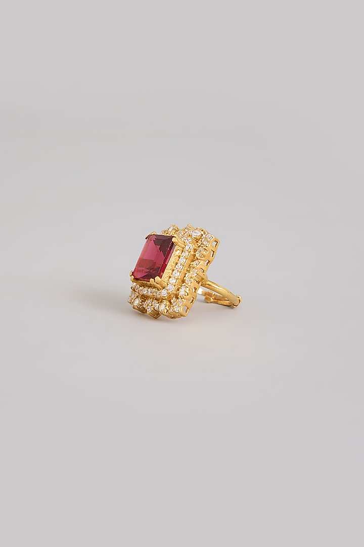 Gold Finish Moissanite Polki & Ruby Doublet Stone Ring In Sterling Silver by Kiara Luxe at Pernia's Pop Up Shop