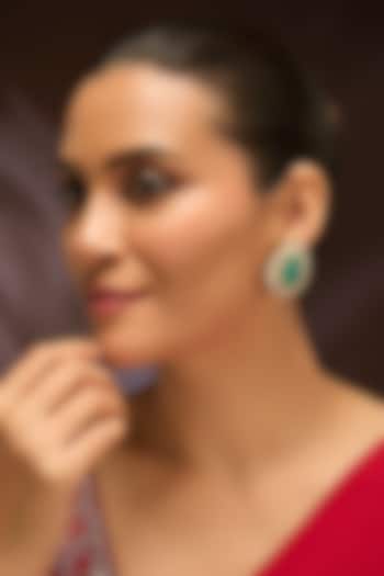 Gold Finish Moissanite Polki & Green Beryl Stone Meenakari Stud Earrings In Sterling Silver by Kiara Luxe at Pernia's Pop Up Shop