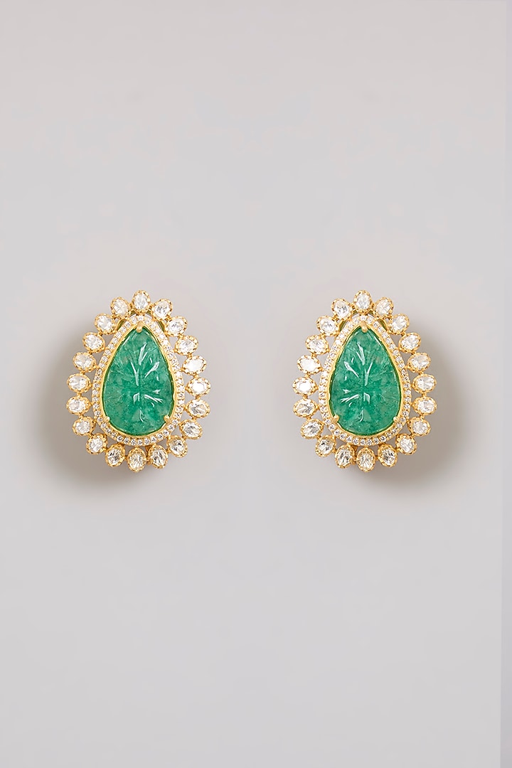 Gold Finish Moissanite Polki & Green Beryl Stone Meenakari Stud Earrings In Sterling Silver by Kiara Luxe at Pernia's Pop Up Shop