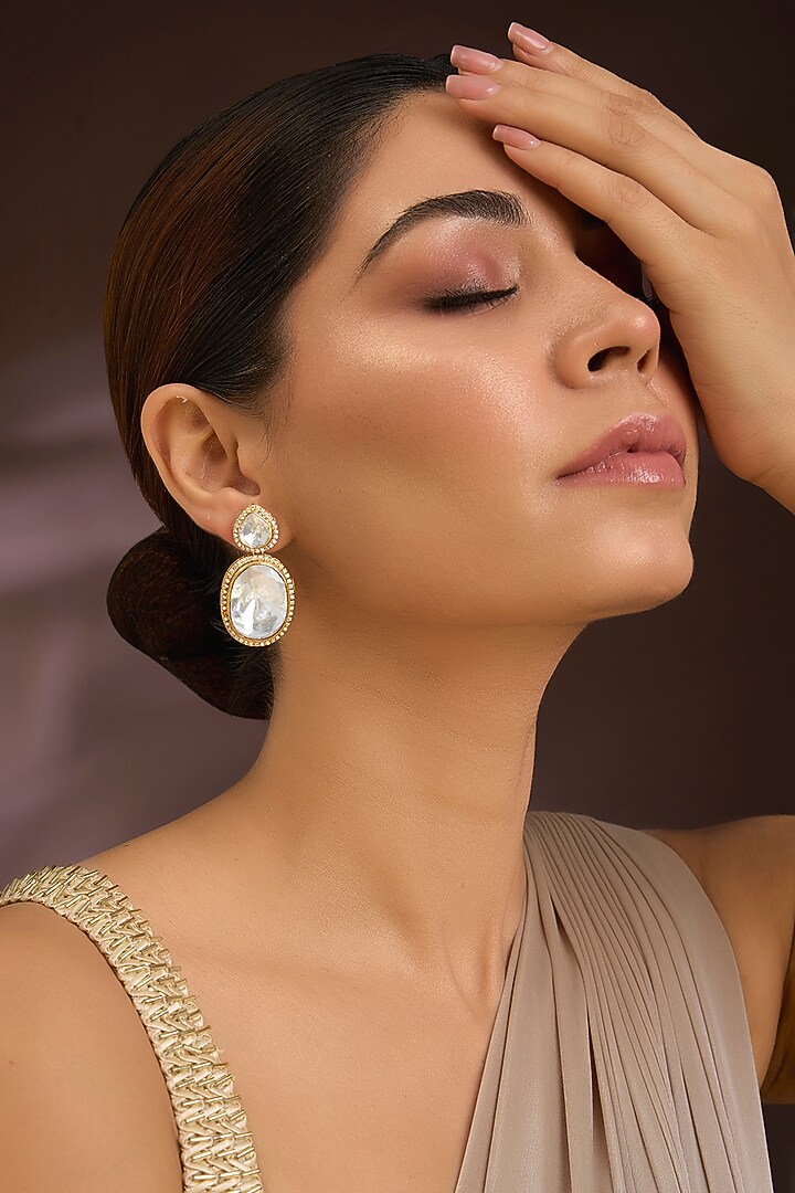 Gold Finish Moissanite Polki Dangler Earrings In Sterling Silver by Kiara Luxe at Pernia's Pop Up Shop
