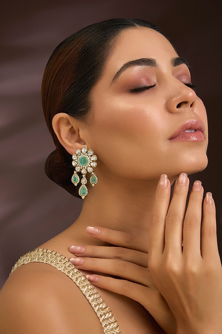 Gold Finish Moissanite Polki & Green Doublet Stone Dangler Earrings In Sterling Silver by Kiara Luxe at Pernia's Pop Up Shop