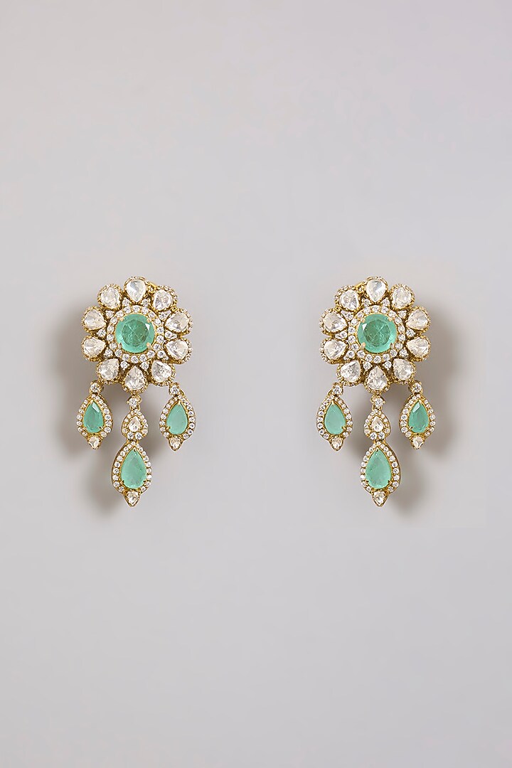 Gold Finish Moissanite Polki & Green Doublet Stone Dangler Earrings In Sterling Silver by Kiara Luxe at Pernia's Pop Up Shop