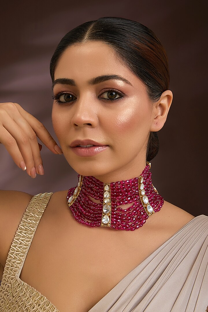 Gold Finish Red Tourmaline Beaded Choker Necklace In Sterling Silver by Kiara Luxe at Pernia's Pop Up Shop