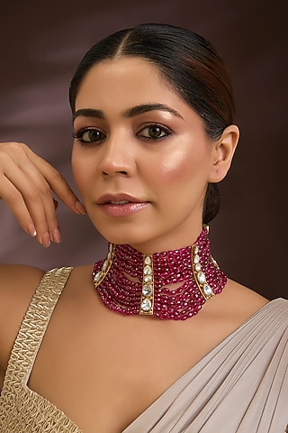 Gold Finish Red Tourmaline Beaded Choker Necklace In Sterling Silver by Kiara Luxe
