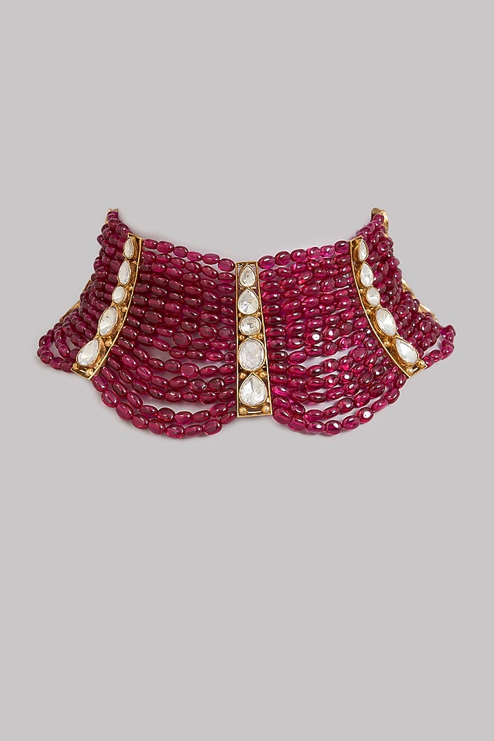 Gold Finish Red Tourmaline Beaded Choker Necklace In Sterling Silver by Kiara Luxe at Pernia's Pop Up Shop