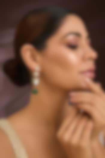 Gold Finish Moissanite Polki & Carved Green Melon Drop Enameled Earrings In Sterling Silver by Kiara Luxe at Pernia's Pop Up Shop