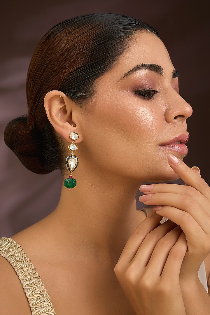 Gold Finish Moissanite Polki & Carved Green Melon Drop Enameled Earrings In Sterling Silver by Kiara Luxe at Pernia's Pop Up Shop