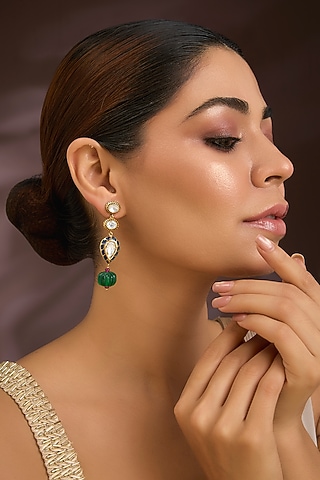 Gold Finish Moissanite Polki & Carved Green Melon Drop Enameled Earrings In Sterling Silver by Kiara Luxe