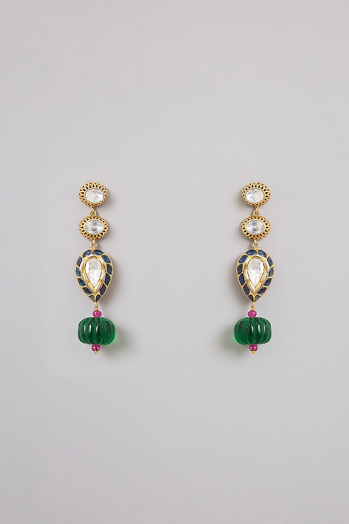 Gold Finish Moissanite Polki & Carved Green Melon Drop Enameled Earrings In Sterling Silver by Kiara Luxe at Pernia's Pop Up Shop