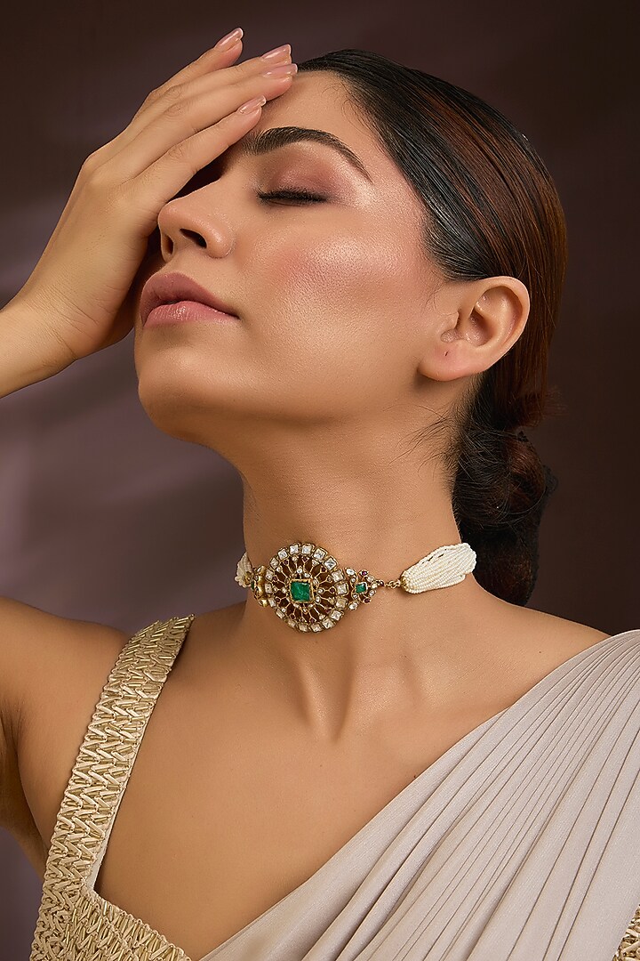 Gold Finish Moissanite Polki & Emerald Stone Choker Necklace In Sterling Silver by Kiara Luxe at Pernia's Pop Up Shop