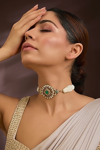 Gold Finish Moissanite Polki & Emerald Stone Choker Necklace In Sterling Silver by Kiara Luxe