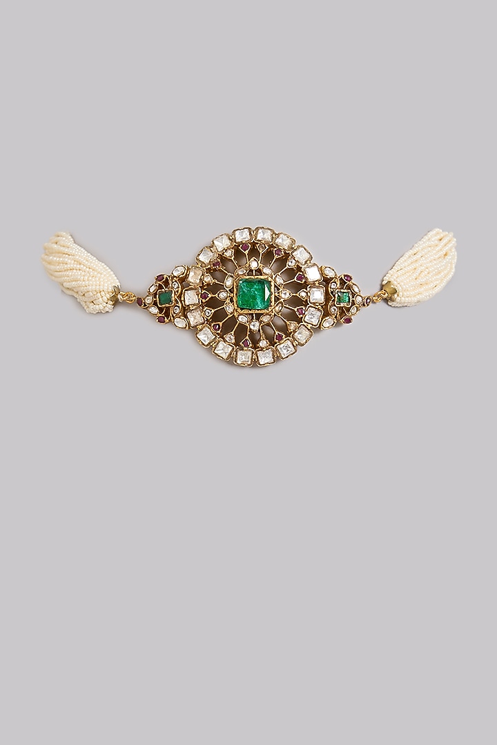 Gold Finish Moissanite Polki & Emerald Stone Choker Necklace In Sterling Silver by Kiara Luxe at Pernia's Pop Up Shop