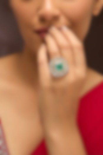 Gold Finish Moissanite Polki & Emerald Stone Ring In Sterling Silver by Kiara Luxe at Pernia's Pop Up Shop