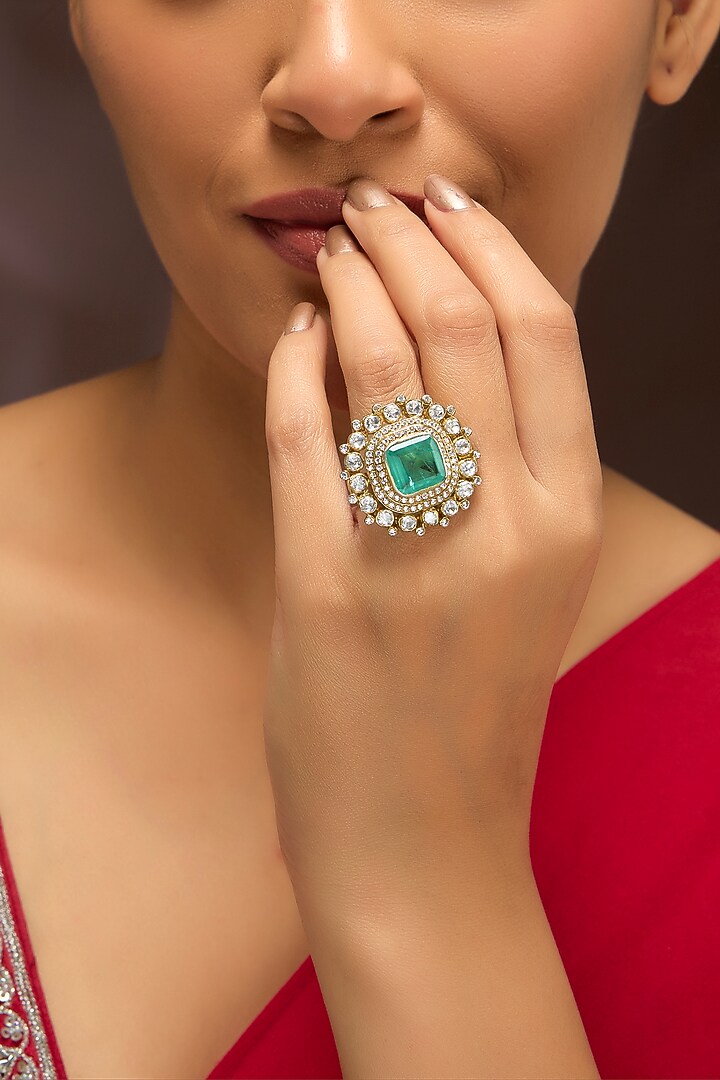Gold Finish Moissanite Polki & Emerald Stone Ring In Sterling Silver by Kiara Luxe at Pernia's Pop Up Shop