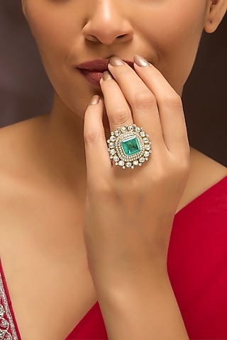 Gold Finish Moissanite Polki & Emerald Stone Ring In Sterling Silver by Kiara Luxe