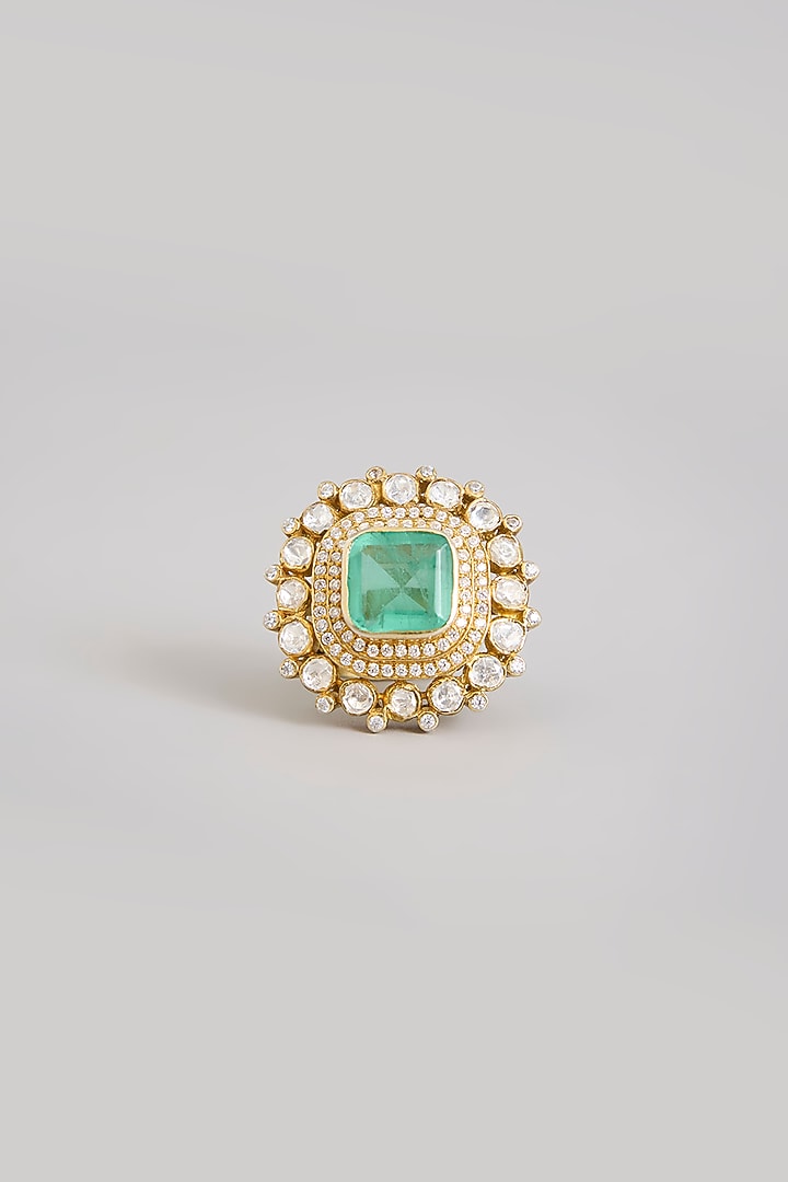 Gold Finish Moissanite Polki & Emerald Stone Ring In Sterling Silver by Kiara Luxe at Pernia's Pop Up Shop
