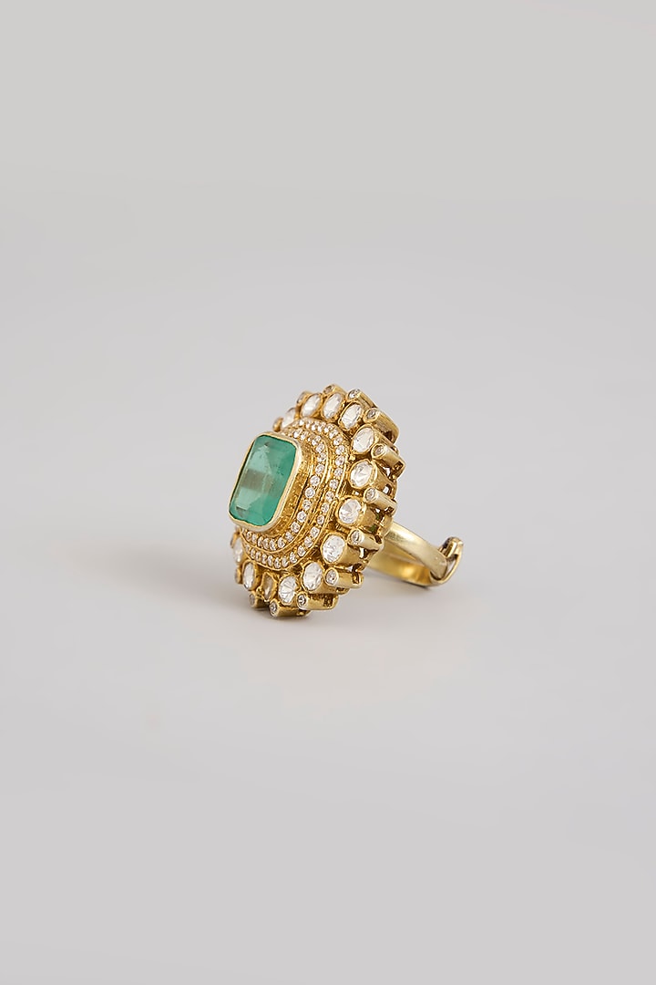 Gold Finish Moissanite Polki & Emerald Stone Ring In Sterling Silver by Kiara Luxe at Pernia's Pop Up Shop