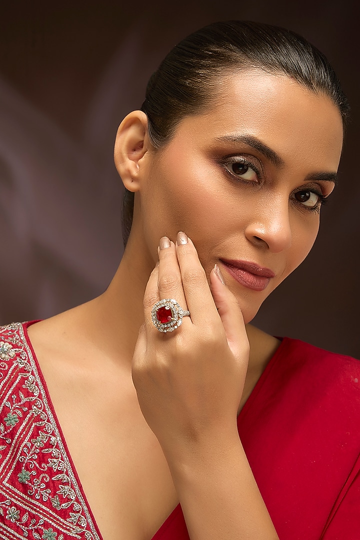 Gold Finish Moissanite Polki & Ruby Stone Ring In Sterling Silver by Kiara Luxe at Pernia's Pop Up Shop