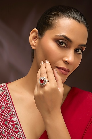 Gold Finish Moissanite Polki & Ruby Stone Ring In Sterling Silver by Kiara Luxe